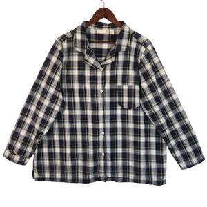 LL Bean Button Up Pajama Top Womens 2X Blue Plaid Long Sleeve Cotton Flannel EUC